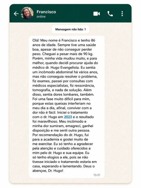 Conversa no WhatsApp com Francisco sobre o desaparecimento da dor e a recuperação da disposição